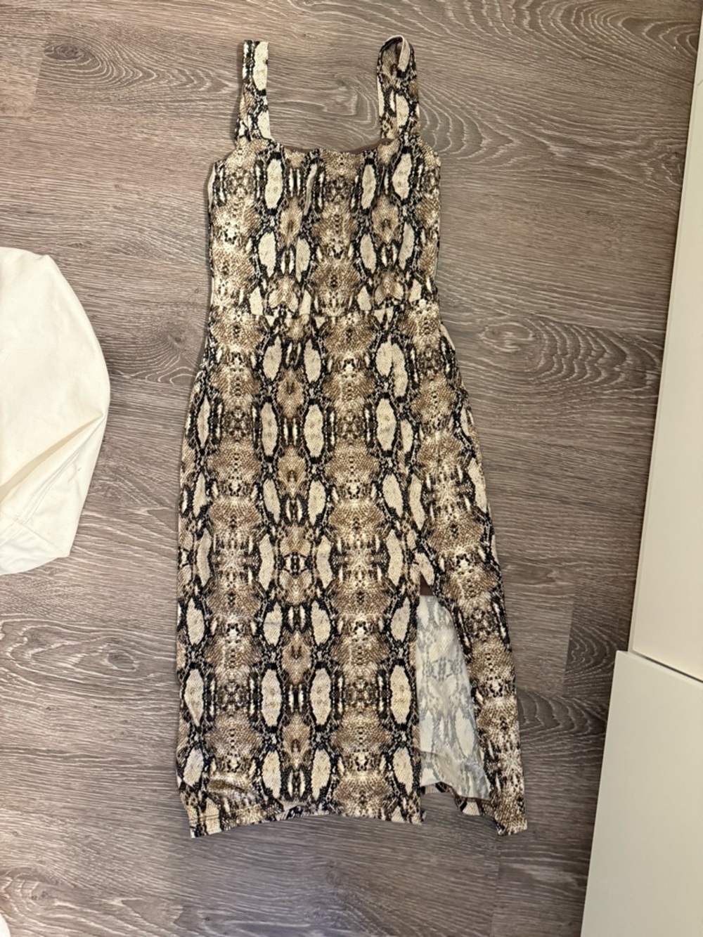 All in Favor Snake-Print Square Neck Midi Dress in Brown and Black